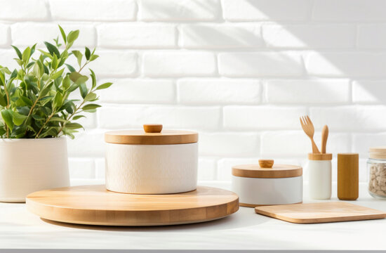 Set of wooden kitchen utensils and houseplant on white table against brick wall background. High quality photo