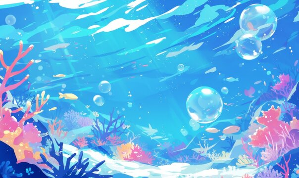Watercolor underwater life. painted coral reef, Great Barrier reef, underwater coral