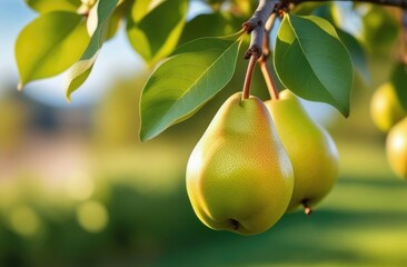 pear plantation, pear orchard, ripe pears hanging on a branch of a pear tree, sunny day, Organic Farming, close-up