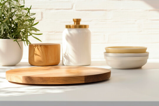 Wooden stand with potted plant, bowls and storage on table against white brick wall background. High quality photo