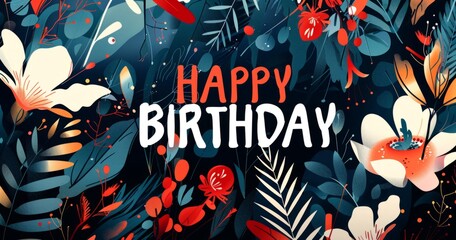 HAPPY BIRTHDAY greeting card with flowers and abstract backgrounds Generative AI