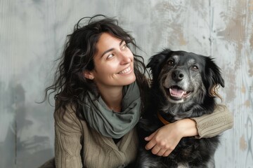 A woman is hugging a black dog