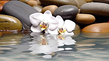 Fototapeta na wymiar Orchids in Water, Round Stones for SPA Salon, Relaxation, Orchid Flowers and Pebbles