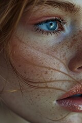 An intense gaze from a blue eye, set against freckled skin and moody lighting, evokes a sense of depth and focus. close-up of perfect make up with blue eyes and pink eyeshadow detail in skin, 