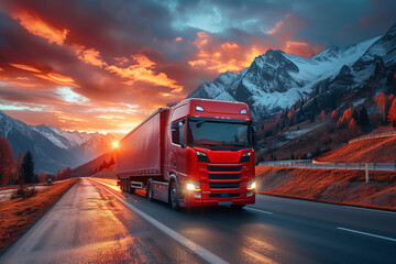 A red semi truck is driving down a mountain road at sunset, with the sky filled with colorful...