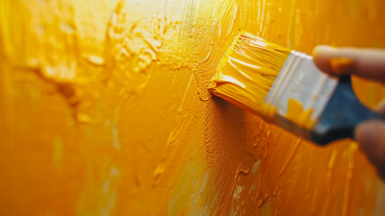Brush dipped in yellow paint paints the wall. repair with your own hands in the house and apartment. Generative AI - obrazy, fototapety, plakaty