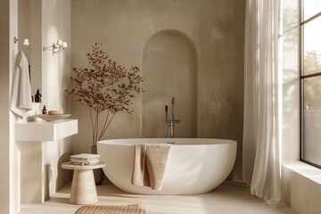 Contemporary bathroom design featuring warm neutrals and an editorial-inspired style, blending modern aesthetics with timeless warmth