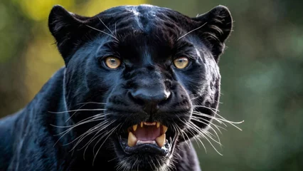 Fototapeten Head of the black growling panther in natural conditions, on a blurred background. Wild angry predator. An aggressive feline animal. Close-up. © Marina_Nov