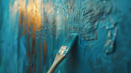 A brush dipped in blue paint paints the wall. repair with your own hands in the house and apartment. Generative AI - obrazy, fototapety, plakaty