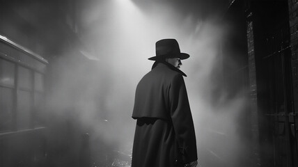 black-and-white photography, a detective in a trench coat and hat. Generative AI - obrazy, fototapety, plakaty