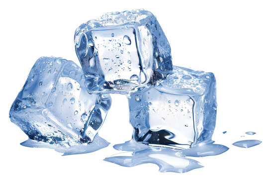Transparent ice cubes with water droplets on transparent background - stock png.