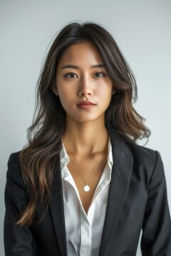 A radiant Asian businesswoman depicted on a pure white background, with absolute clarity and precision
