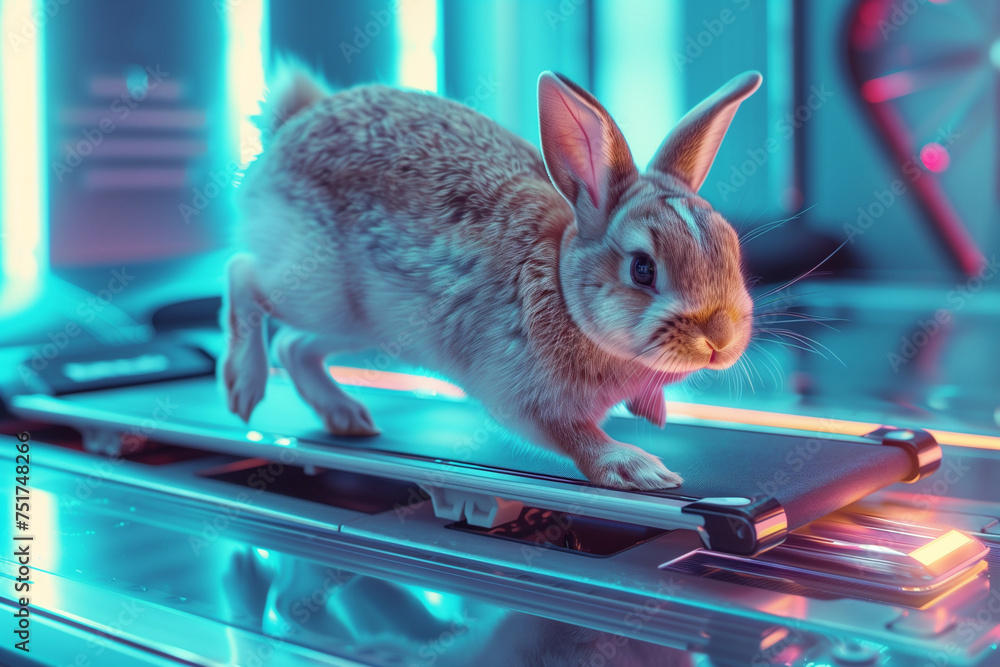 Poster a rabbit is running on a futuristic treadmill.
