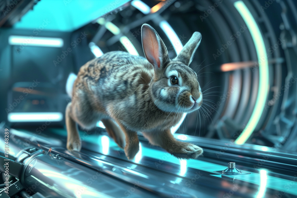 Poster a rabbit is running on a futuristic treadmill.
