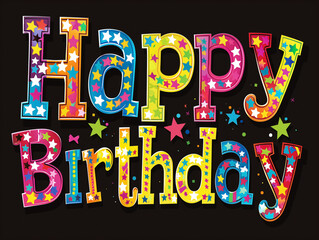 Bold and colorful stars pattern happy birthday card on black background