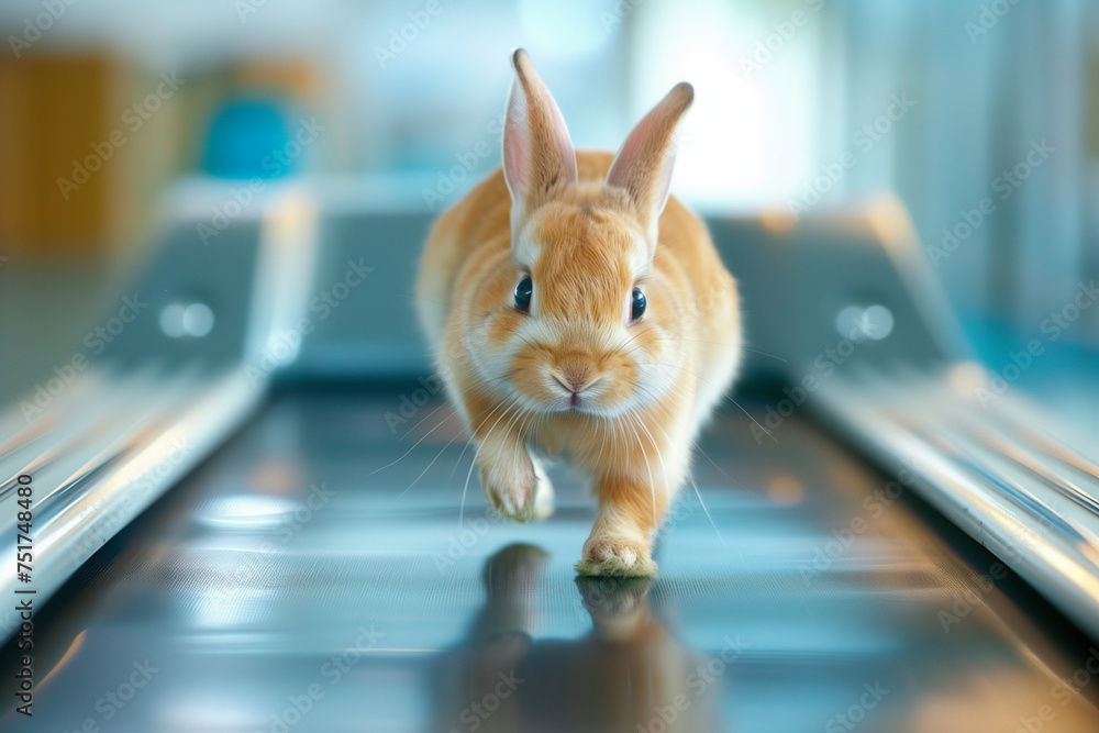 Poster a rabbit is running on a futuristic treadmill.
