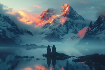 Fotobehang Two individuals are on a tiny island in a lake surrounded by a mountain, under a cloudy sky. The natural landscape features water, snow, and majestic mountainous landforms © RichWolf