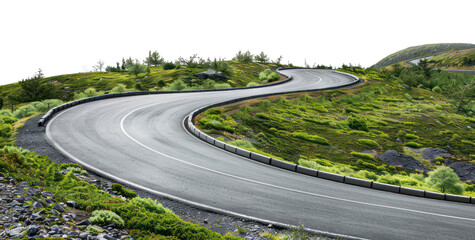 Curvy mountain road with greenery, cut out - stock png.