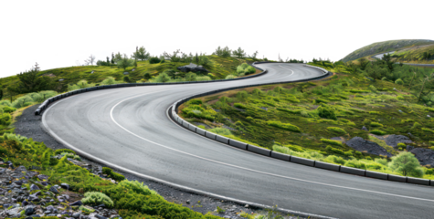 Curvy mountain road with greenery, cut out - stock png.