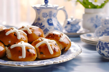Homemade baked Easter traditional appetizing hot cross buns. Easter holiday baking beautifully decorated table for Easter, serving in white and blue, white ceramic plate, blossom willow branches