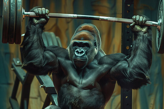 A gorilla is lifting a barbell. The image has a strong, muscular feel to it, and the gorilla's pose suggests that it is in the middle of a workout.