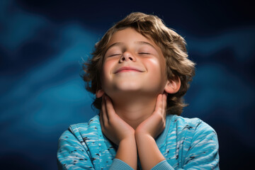 A young boy in a moment of peaceful reverie, eyes closed, smiling gently against a backdrop of starry night and soft blue hues