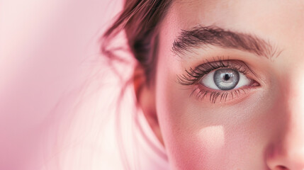 Fototapeta premium Face of young beautiful blond woman in shadows on pink background. Natural beauty skin care women's day concept