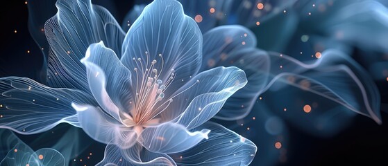 a close-up of a vibrant blue flower in full bloom against a black background. The flower has five large, rounded petals and a center with many yellow stamen. 