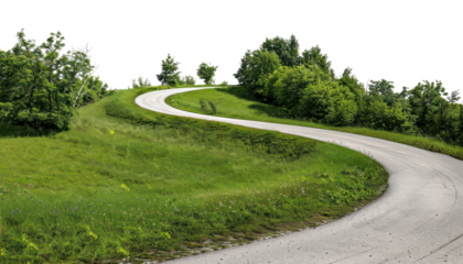 Serpentine forest road with lush greenery, cut out - stock png.