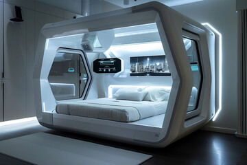 Fototapeta premium A futuristic bedroom with a white bed. The room is illuminated with lights, giving it a modern and sleek appearance. 