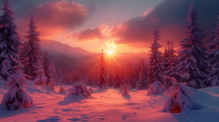 Fototapeten Snow covered trees in the mountains at sunset. Beautiful winter landscape. Winter forest. Creative toning effect. © Matthew