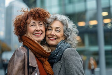 two elderly women portrait on the street Generative AI