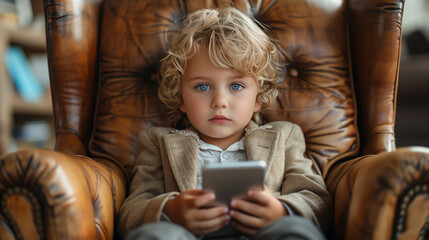 Young Entrepreneur: Child in Business Suit with Smartphone