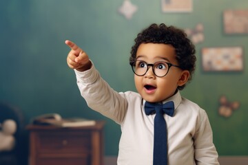 Excited young child with curly hair, wearing glasses and a bow tie, points at something off camera, his eyes wide with amazement - obrazy, fototapety, plakaty