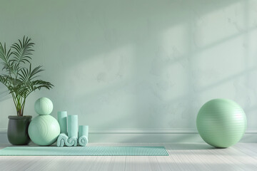 A white room with a green yoga mat and a green ball. The mat is rolled up and the ball is sitting on top of it