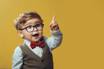 Toddler in glasses and a bow tie, looking up in astonishment, points upwards with a look of discovery and excitement on a yellow background - Powered by Adobe