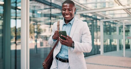 Businessman, excited or winning on a phone in city commute or outdoor travel with good news. Success, employee or happy black man with victory in urban area or Cape Town with message or notification - Powered by Adobe