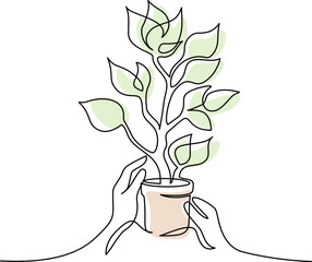 Human hands keep Plant tree in pot. Continuous one line drawing. - 751750067