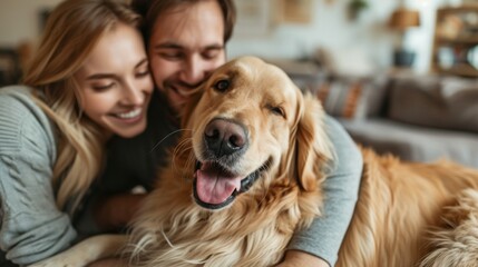 Couple with their golden retriever, sharing a joyous moment