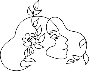 Abstract woman face with flower and leaves. Continuous one line drawing. - 751750286