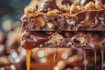 Close up of chocolate with nuts and caramel. A close-up of the delectable textures of a candy bar, with a focus on melting chocolate, crunchy nuts, and gooey caramel.  - obrazy, fototapety, plakaty