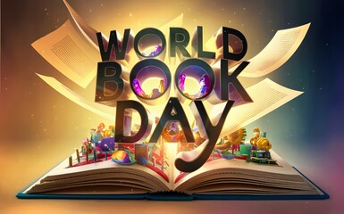 3D render for "World Book Day" with charming typography and a creative book-inspired design. The main element features a beautiful, golden-colored book