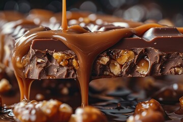 Close up of chocolate with nuts and caramel. A close-up of the delectable textures of a candy bar, with a focus on melting chocolate, crunchy nuts, and gooey caramel.  - obrazy, fototapety, plakaty
