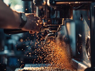 Coffee machine making coffee. Coffee machine making coffee. Coffee machine pouring coffee. Coffee beans being poured into a coffee grinder. Close-up. A close-up shot of a barista grinding coffee beans - obrazy, fototapety, plakaty
