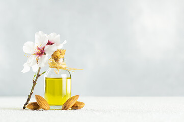 Glass bottle of Almond oil and almond nuts , almonds with almond tree flowers on table. Almond background concept with copy space