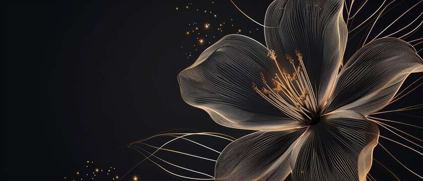 A close-up of a large, black flower with gold highlights against a black background. outlined in gold lines,