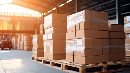 tack of Package Boxes on Pallet in storage. 