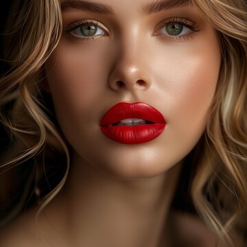 Closeup photo of a model-looking blond girl with grey eyes and red lips