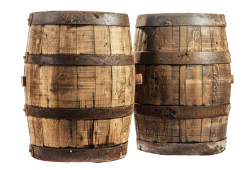 Vintage wooden barrels on transparent background - stock png.
