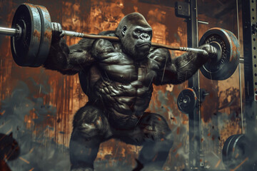 A gorilla is lifting a barbell. The image has a strong, muscular feel to it, and the gorilla's pose suggests that it is in the middle of a workout. - obrazy, fototapety, plakaty